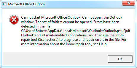 Microsoft Office Outlook başlatılamıyor. Outlook penceresi açılamıyor. Klasör kümesi açılamıyor. [c:\..\outlook.pst] dosyasında hatalar algılandı. Outlook'tan ve tüm posta etkin uygulamalardan çıkın ve ardından dosyadaki hataları tanılamak ve onarmak için Gelen Kutusu onarım aracını (Scanpst.exe) kullanın. Gelen Kutusu onarım aracı hakkında daha fazla bilgi için Yardım'a bakın.